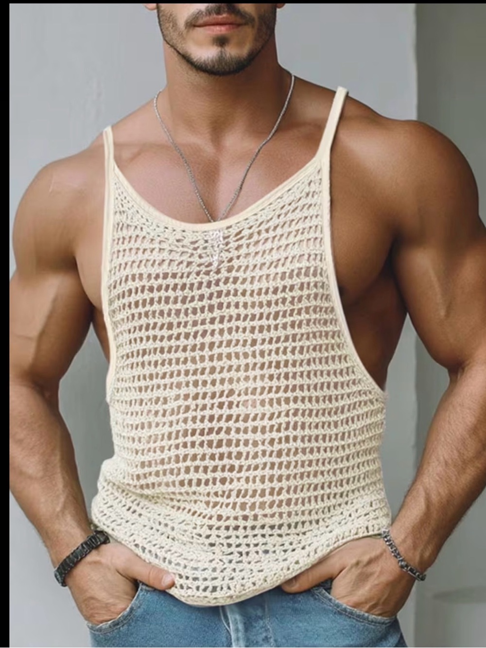 Men's Cream Open-Knit Tank Top – Breathable Summer Layer